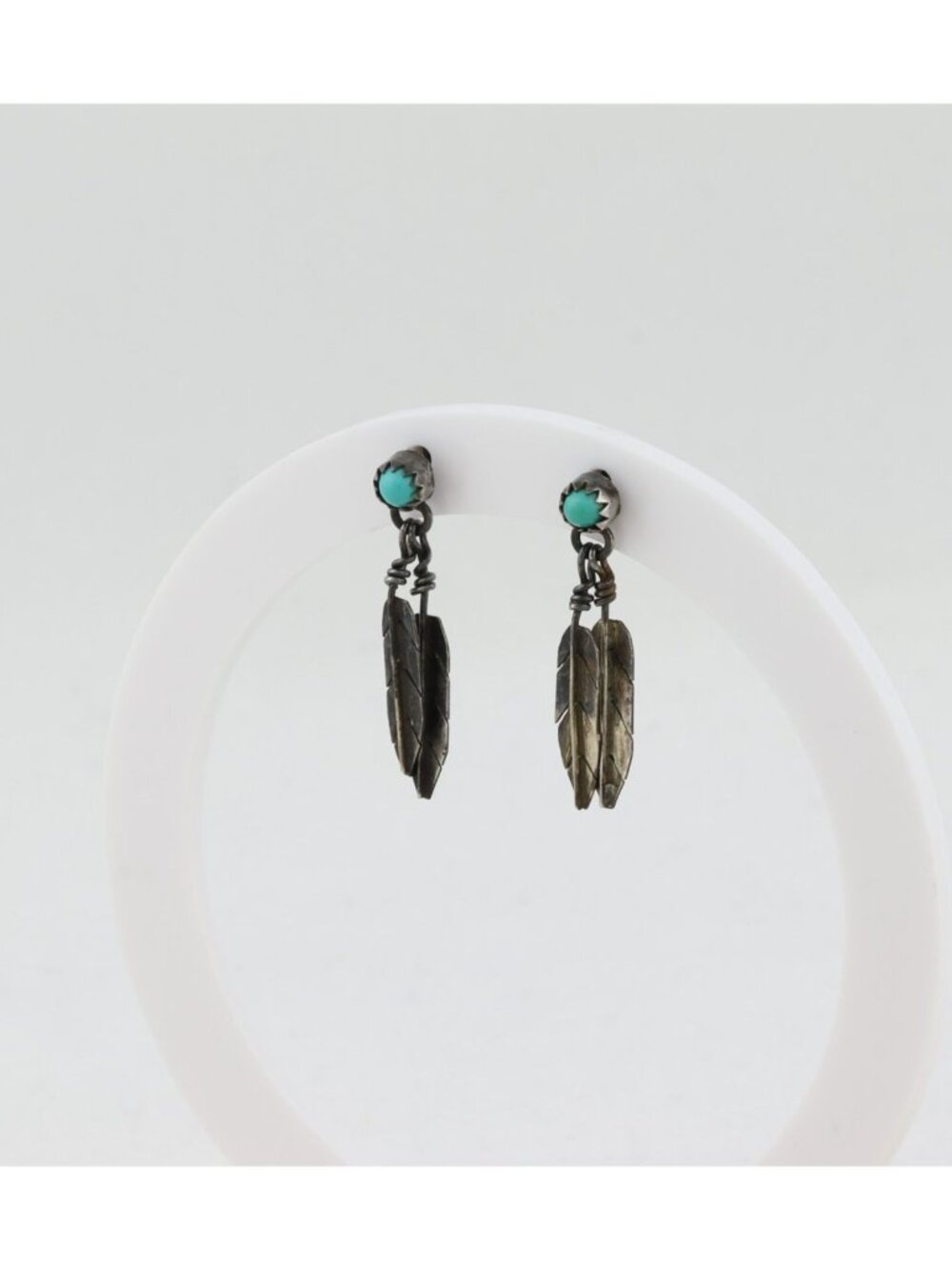 Sterling Silver Turquoise Leaf Earrings Dangle Drop 1 1/8" x 3/8" - Picture 4 of 7